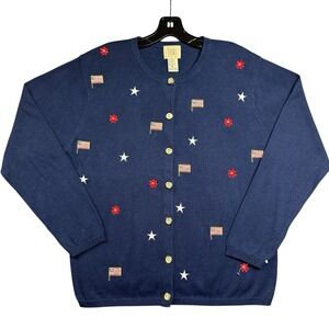 Teddi Knit Cardigan Sweater Size PL Blue Patriotic Embroidered Flags Long Sleeve